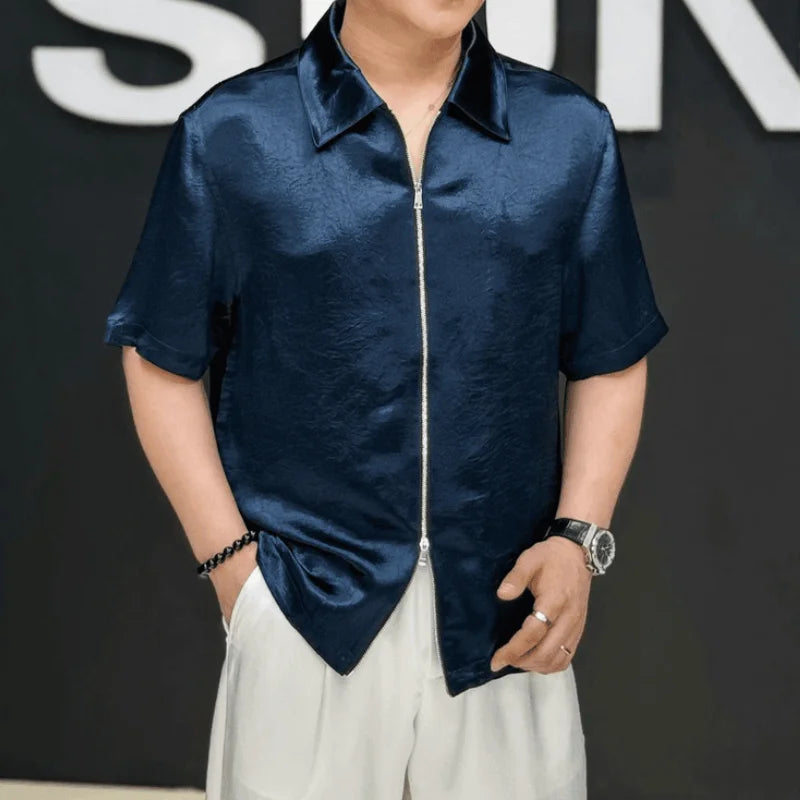 Summer New Solid Color Lapel Zipper Short Sleeve Casual T-Shirt Men's Trendy Light Luxury Cardigan Top