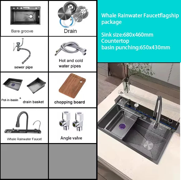 2026 Tiktok Newest Design 30 Inch Waterfall Faucet Black Bionic Honeycomb 304 Stainless Steel Big Single Bowl Kitchen Sink