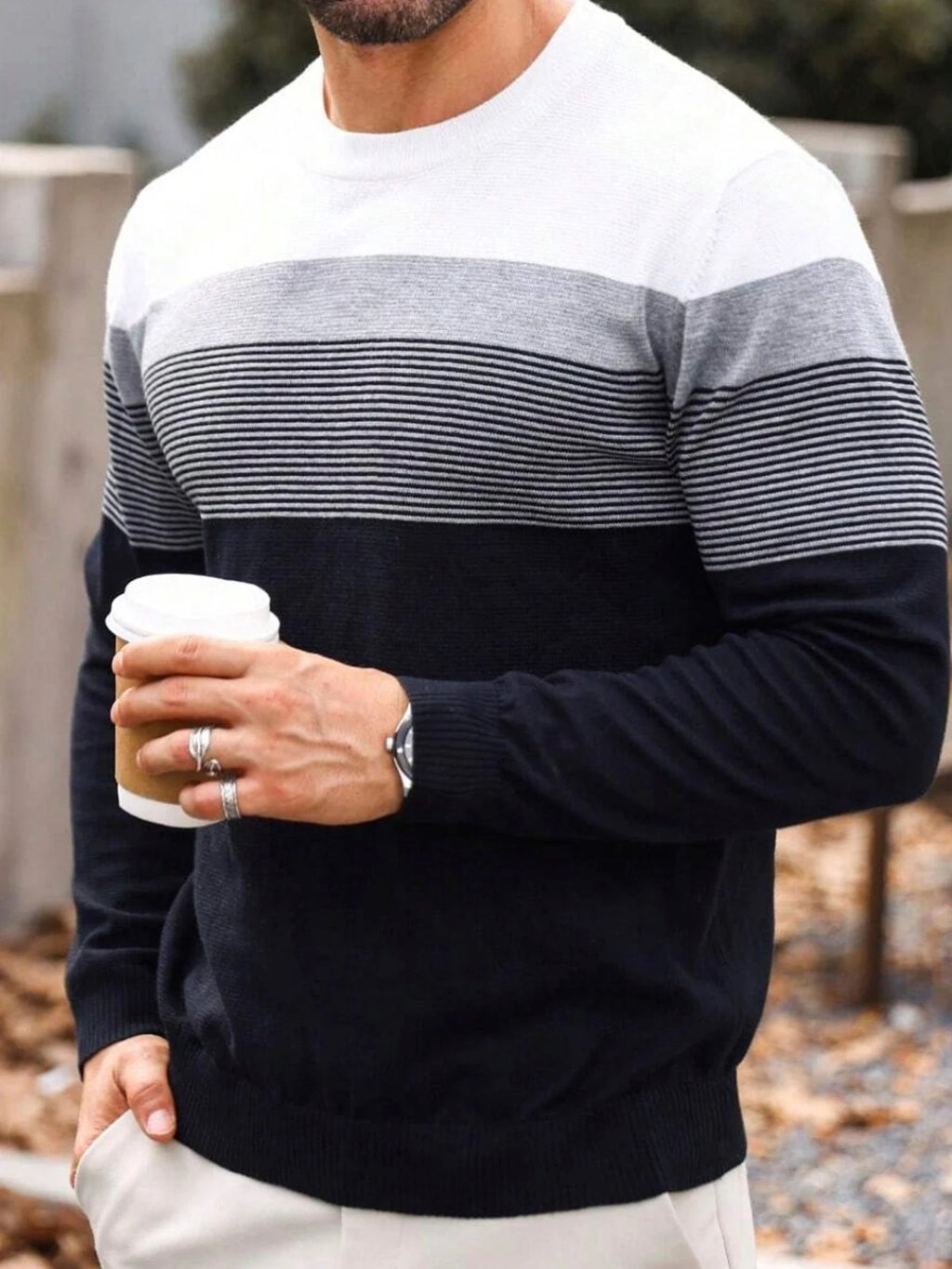 Men Spring Autumn Crew Neck Color Block Horizontal Striped Knit Sweater Long Sleeve Slim Casual Pullover Tops