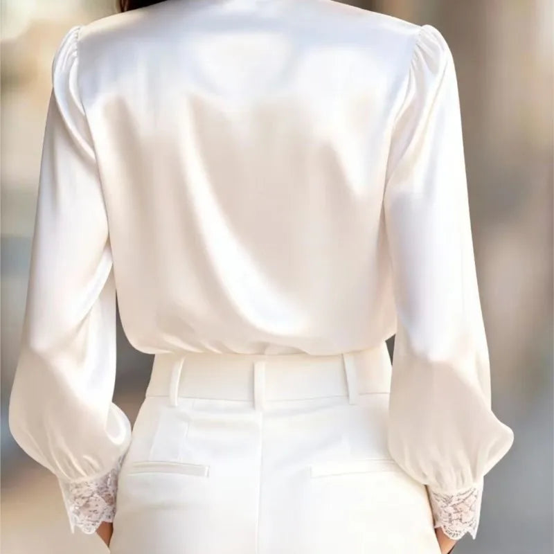 New Lace Patchwork Shirt For Women Fashion Long Sleeve V Neck Button Shirts Tops Lady Chic Office High Street Women's Clothing