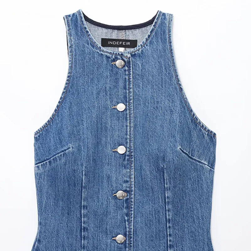 Women Denim Short Dress Round Neck Sleeveless Vest Style Single Breasted Design Solid Color Simple Daily Casual Versatile Dress