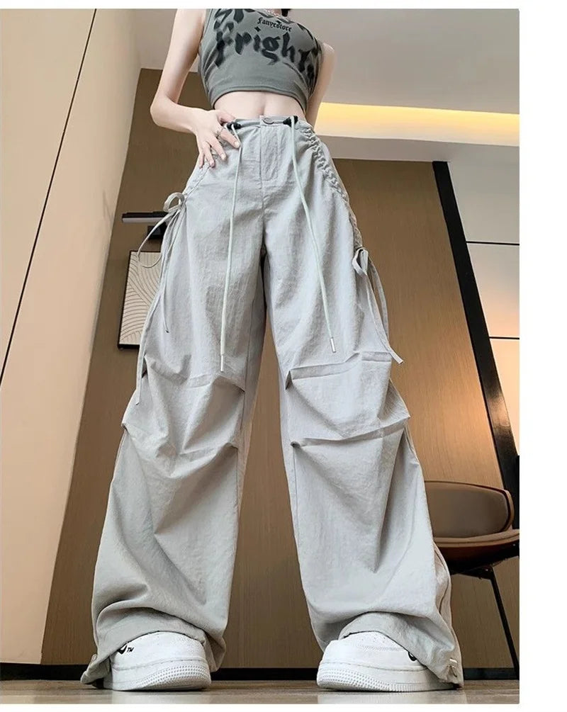 2026 Spring Summer New Women Pants Drawstring High Waisted Female Wide Leg Trousers Casual Vintage Korean Ladies Slim Work Pants