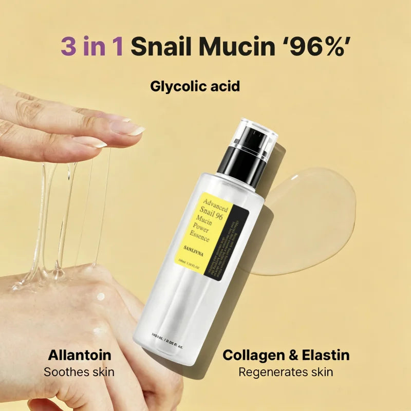 SANLIVNA Snail 96 Mucin Power Essence 100ml Facial Deep Hydrating Brightening Anti-Aging Serum,for Dull Skin Korean Face Care