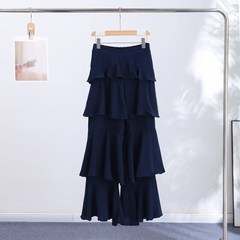 Ruffle Street Cascading Women's Y2k Pants Fashion Elastic Waist Wide-leg Female Trousers 2026 Summer Chic Holiday New Lady Pant