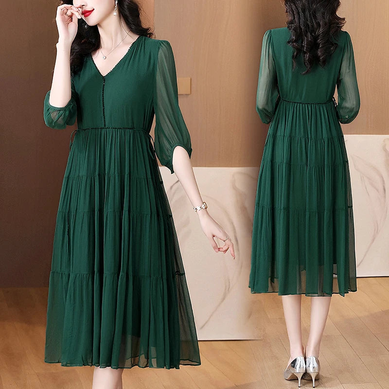 Women's Vintage Solid Elegant Evening Prom Dress Spring Holiday Boho Hepburn Vestidos 2025 Summer Luxury Silk Casual Midi Dress