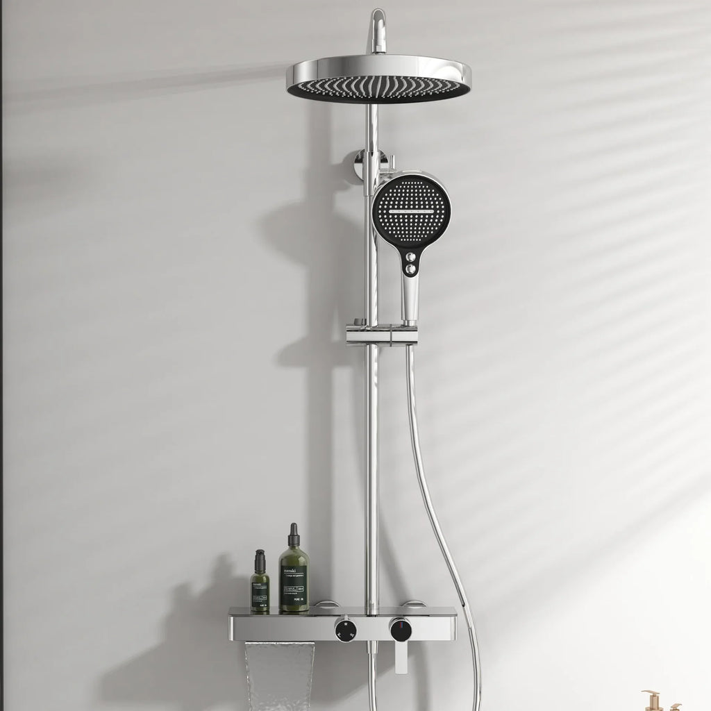 JIENI Brushed Gold Bathroom Shower Set Rainfall Hot And Cold Control Multifunctional Bath Shower Faucet System W/ Hand Shower