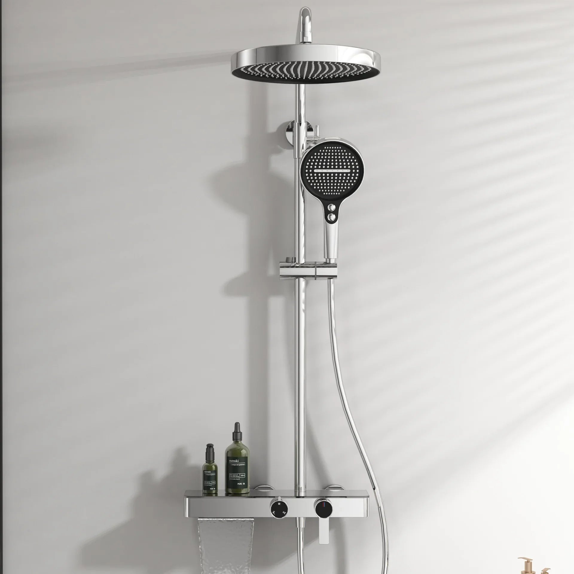 JIENI Brushed Gold Bathroom Shower Set Rainfall Hot And Cold Control Multifunctional Bath Shower Faucet System W/ Hand Shower