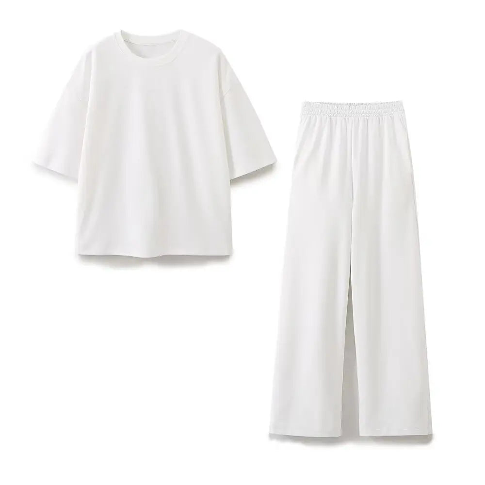 HH 2024 Women's Solid Casual T Shirts Pant Set Short Sleeves O-Neck T-Shirt Top+Lace-up Loose Side Pockets Straight Pant