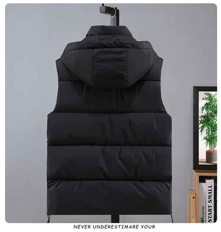 New in Padded Vest Men Winter Hooded Zip-up Turtleneck Sleeveless Jacket Male Cotton Down Autumn Warm Pocket Work Wear Waistcoat
