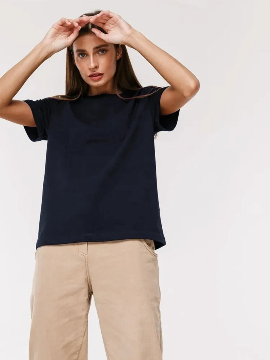 Cross border hot selling cotton T-shirt with round neck and short sleeves for European and American women loose basic top