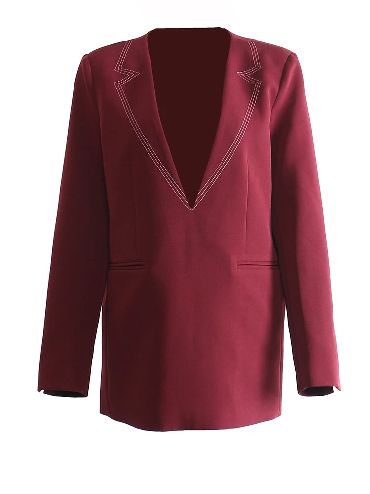 [EAM] Women Wine Red Topstitched Big Size Elegant Blazer New V-neck Long Sleeve Jacket Fashion Tide Spring Autumn 2026 1DH7919