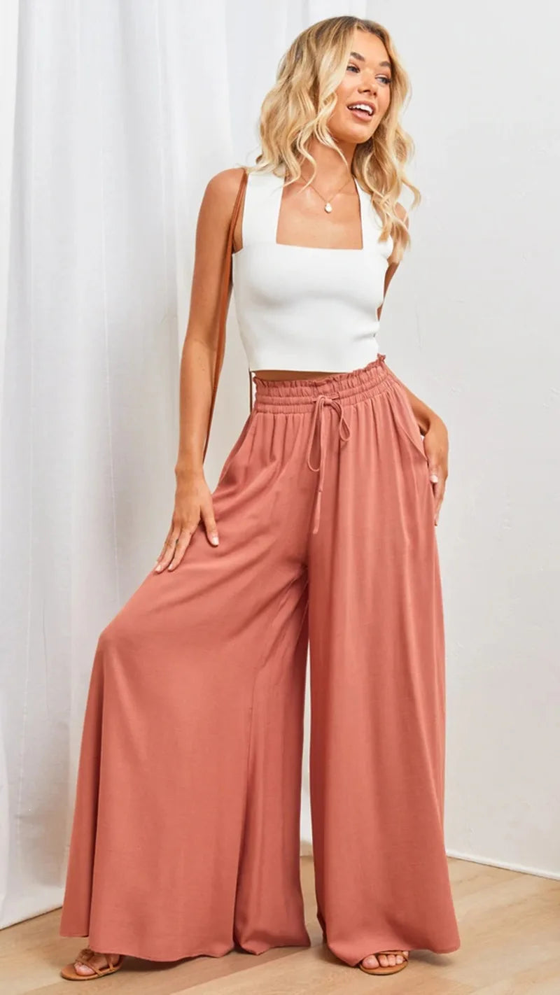2026 Summer Comfortable Loose Wide Legs Trouser Women' S Pants Casual Simple Style All-match Holiday Vacation Fashion Chic Beach