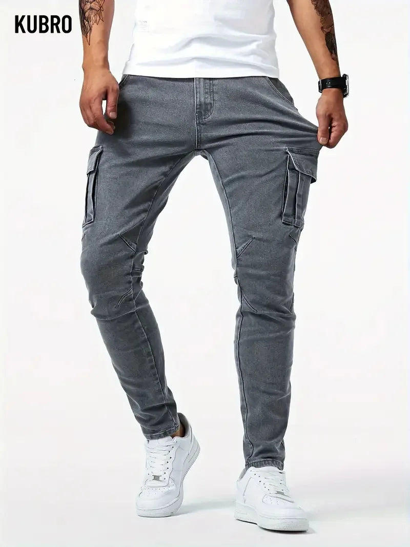 Street Elastic Jeans Men Denim Cargo Pants Wash Solid Color Multi Pockets Casual Mid Waist Trousers Slim Fit Daily Wear Joggers