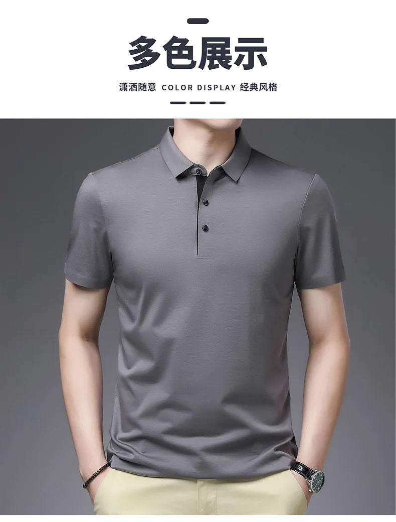 Bamboo Fiber Viscose And Cotton Blend Polo Shirt Men Short Sleeve Collar New Seamless T-shirt Summer Thin Lightweight Poloshirt