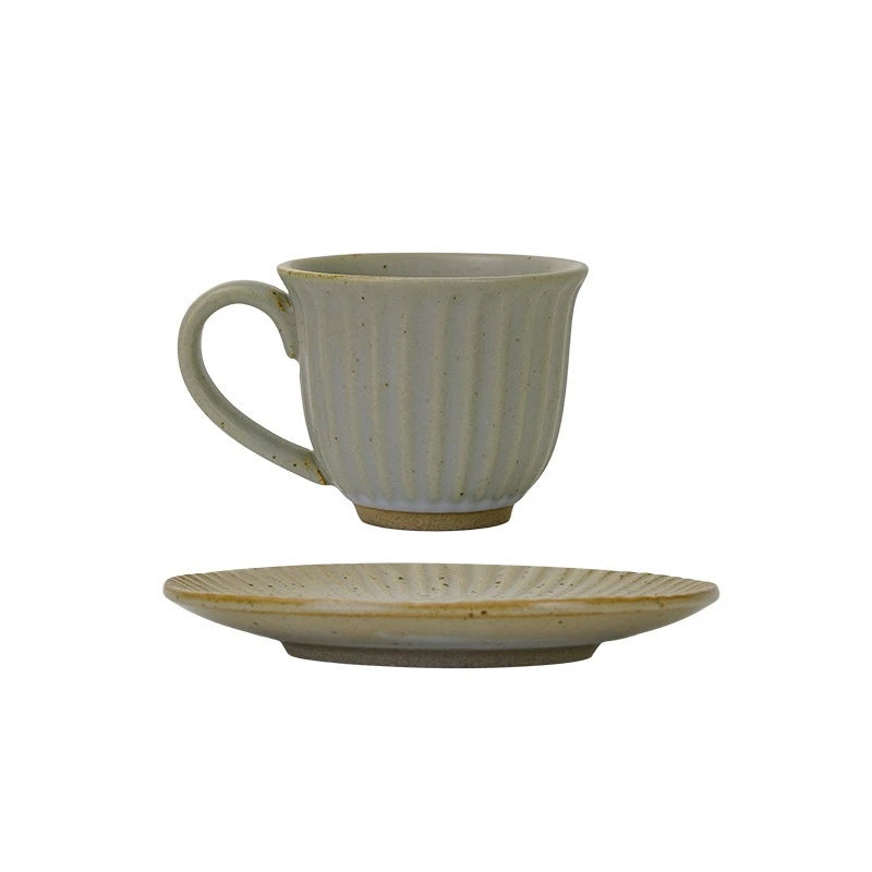 A Set of Cups and Plates Coffee Cup Retro Style Ceramic Striped Office Afternoon Tea Coarse Pottery Drinking Water Milk Cup
