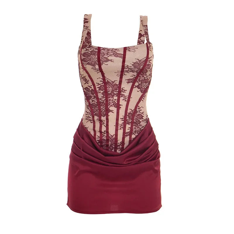 Sexy Lace Patchwork Corset Top Ruched Mini Skirt Dress Slim Fit Bodycon Sleeveless Elegant Birthday Party Summer Dresses 2026