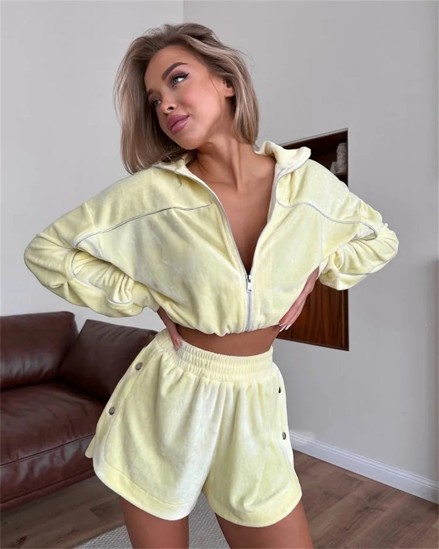 Summer Women Long Sleeved Zipper Two Piece Sets Top Elastic Shorts Outfits Fashion Striped Casual Suits Lapel Tracksuits 2026