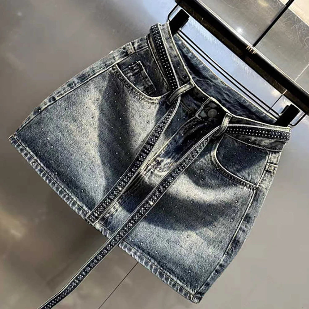Oversize Retro Diamond Denim Mini Skirt for Women Summer High Waist Shiny Rivet Slim Skirts Gradient Black Grey Jean Skirts