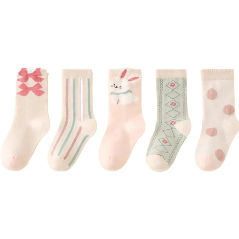 5 Pairs Children's Socks for Girls, Sweet Cute Cartoon Rabbit Girl's Casual Socks (Autumn & Spring)