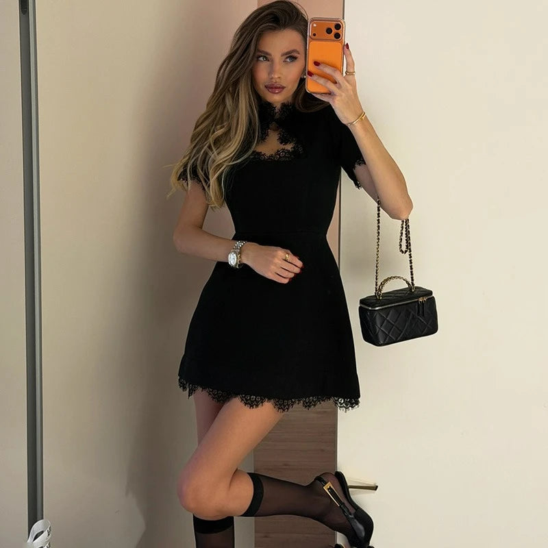 Talenza Luxury Black Evening Dress Fashion Lace Patchwork Slim High-Waisted Hollow Out Dress Elegant Summer Women's Party Dress