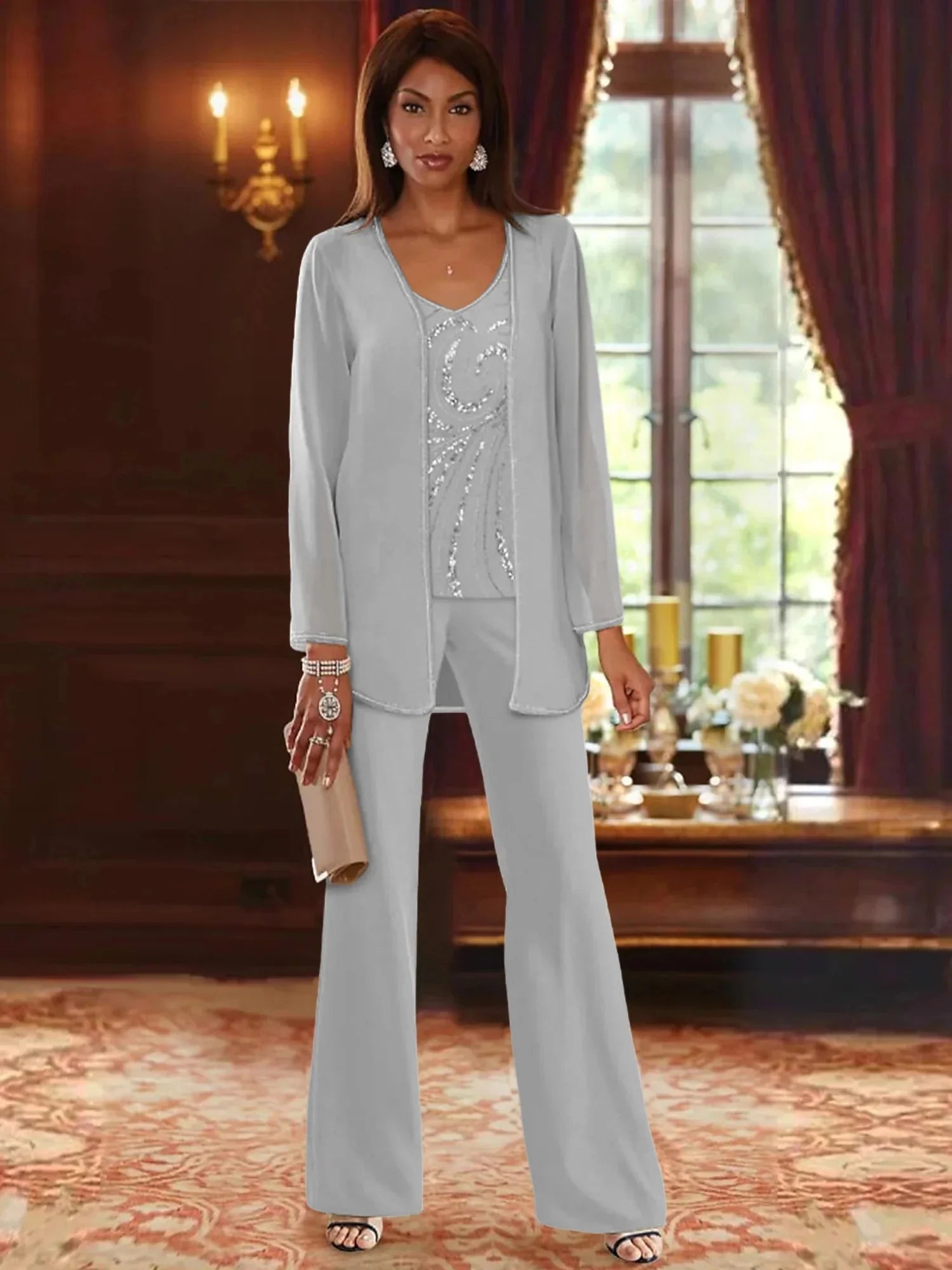 Pantsuit 3 Piece Mother of the Bride Dress Formal Wedding Guest V Neck Chiffon Lace Sleeveless with Beading Sequin 2024