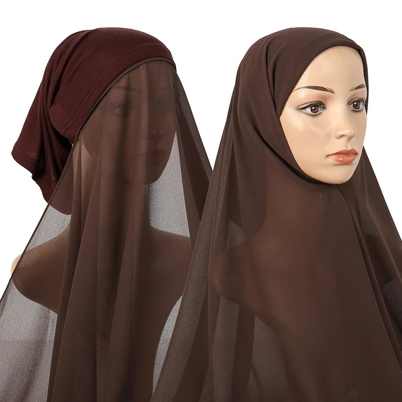 Instant Hijab with Tube Caps Women Premium Chiffon Hijab Muslim Soft Modal Cotton Open Caps Solid Colors Chiffon Shawl Turban