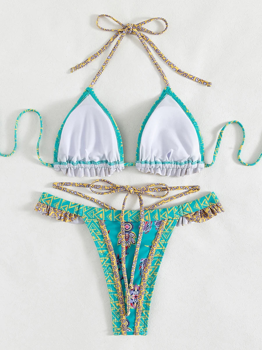 Print Bikinis Bordered Bikini Set Mciro Halter Swimwear Women Swimsuit Sexy Beachwear Brazilian Biquini Triangle Bathing Suits