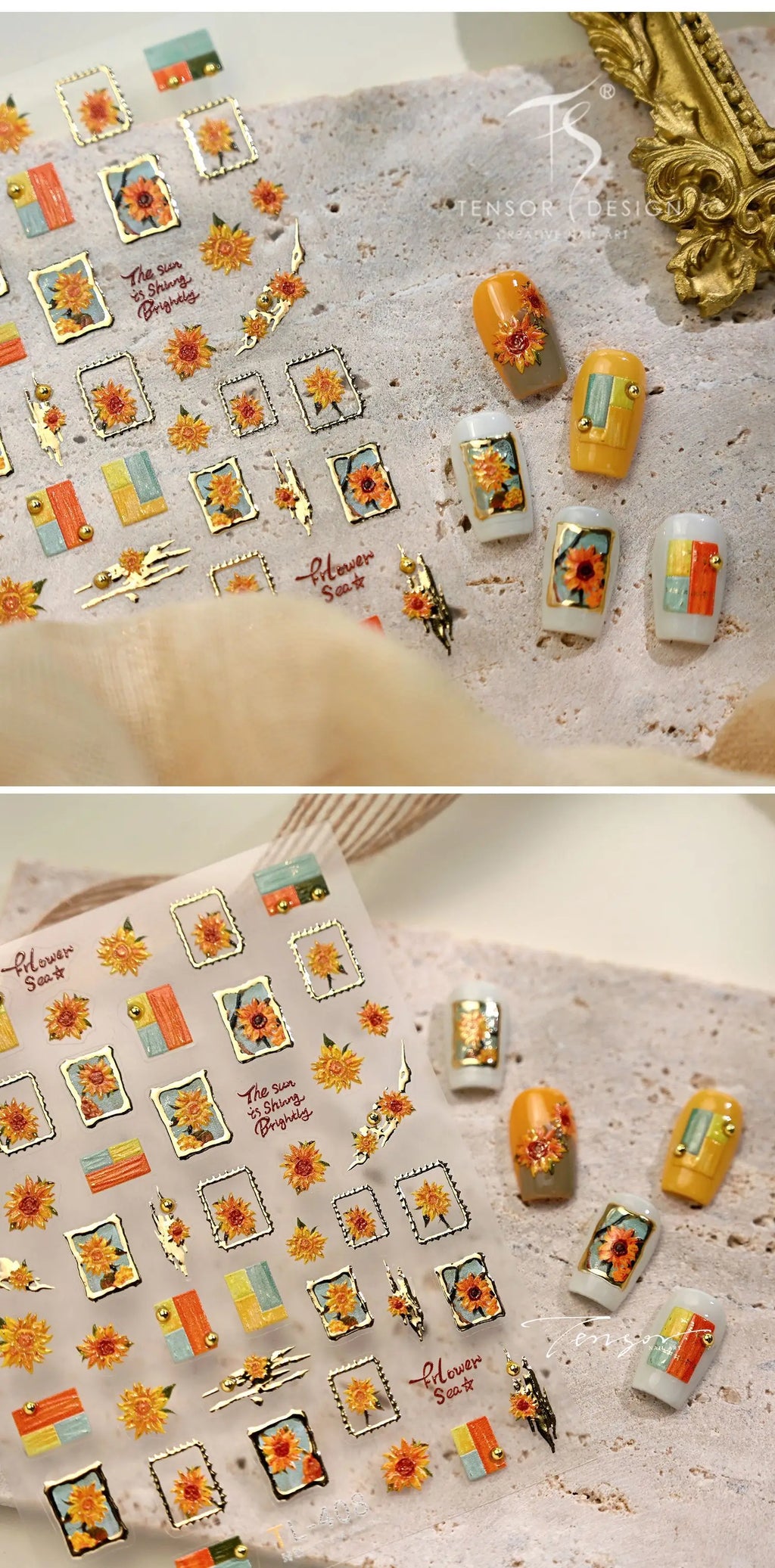 Gold Stamped Frame Oil Painting Style Sunflowers Metal Bead 3D Self Adhesive Nail Art Stickers Autumn Manicure Decals Wholesale