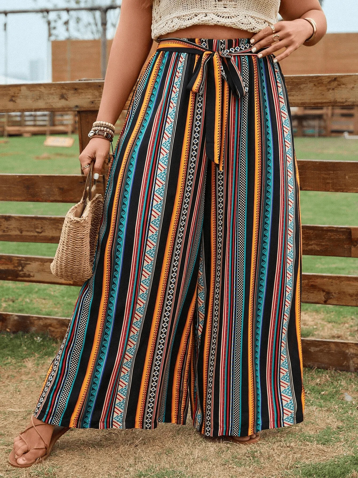 Women's Plus-Size Belted Wide-Leg Trousers with Stylish Striped Print – Casual Vacation Wear for Spring, Summer, and Autumn