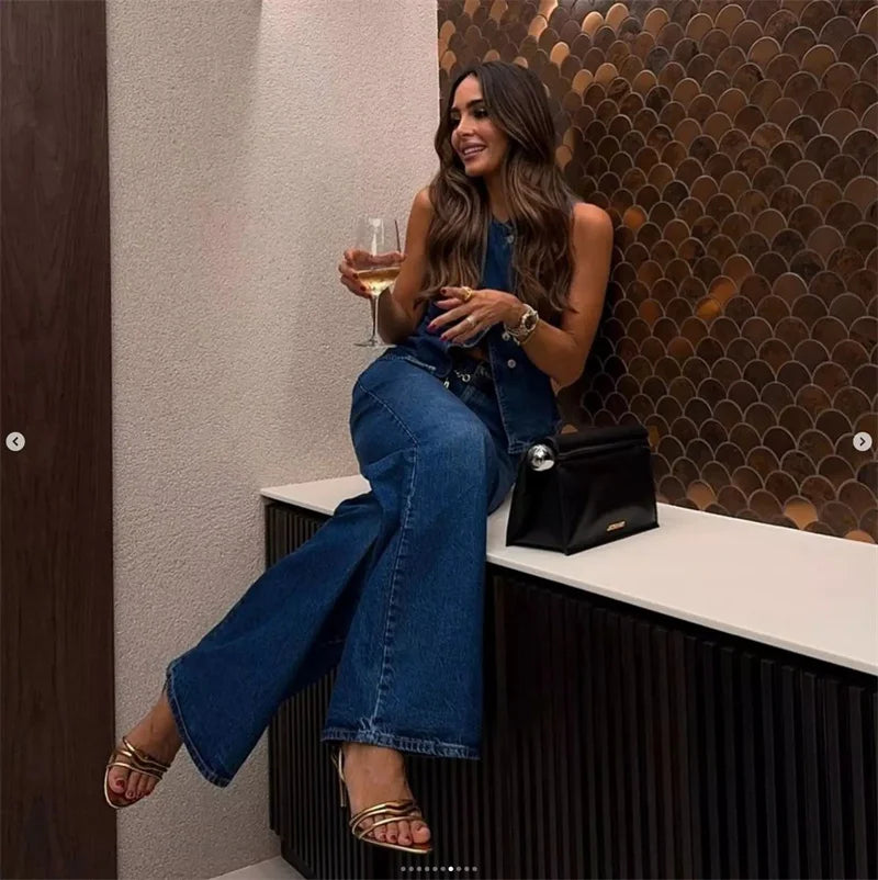 Streetwear Denim 2 Piece Sets Women Outfit Spring Summer Women 2025 Sleeveless Vest Top Wide Leg Pants Sets Jeans Two Piece Set