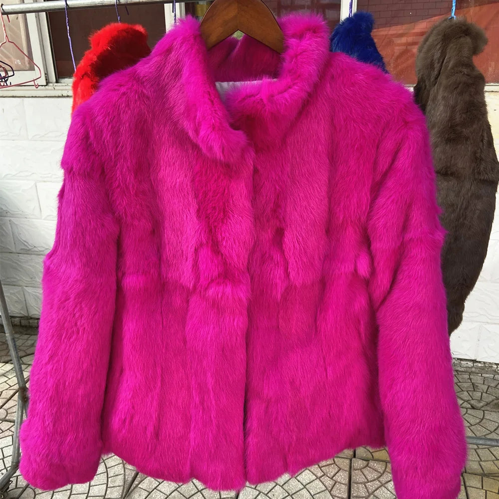 Natural Rabbit Fur Coat Women Winter Jacket Real Leather And Fur Bolero Women's Clothing Female Outerwears With 2025 Black Cold