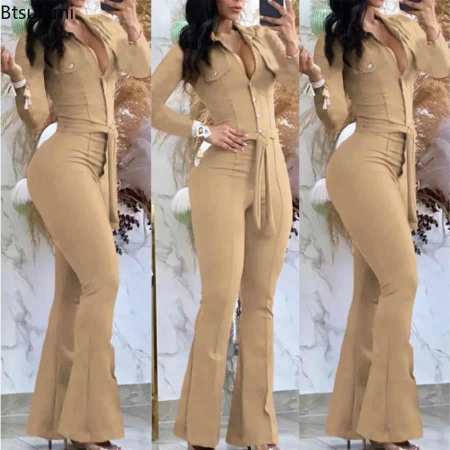 New Spring Women's Long Sleeve Jumpsuits Fashion Casual Button Turn-Down Collar Skinny Bootcut Jumpsuit with Belt Y2K Streetwear