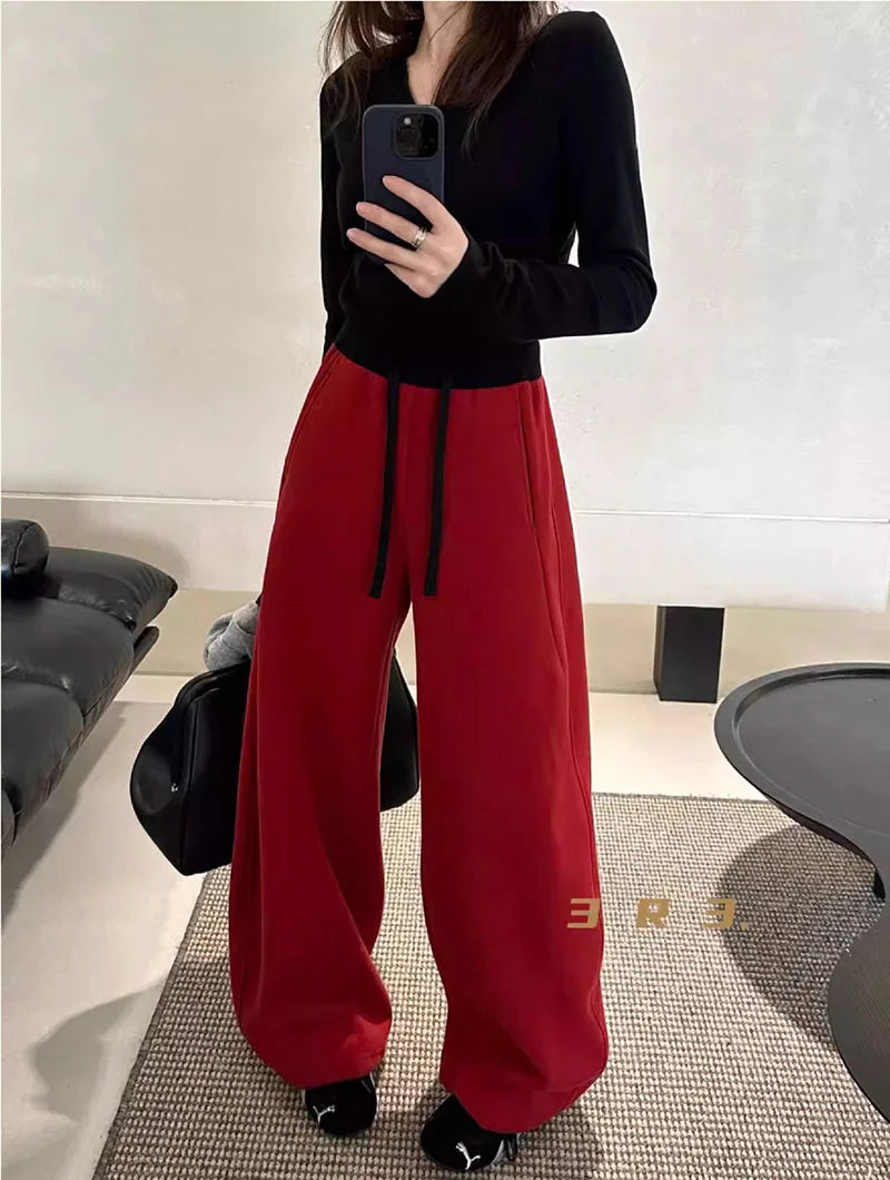 Women Drawstring Baggy Sweatpants High Waist Loose Wide Leg Curved Trousers Casual Soft Streetwear Jogger Pants for Daily Wear