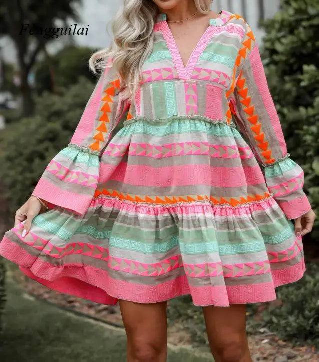 Colorful Boho Tiered Mini Dress with Bell Sleeves, V-Neck Geometric Embroidered Dress, Summer Beach Casual Dress