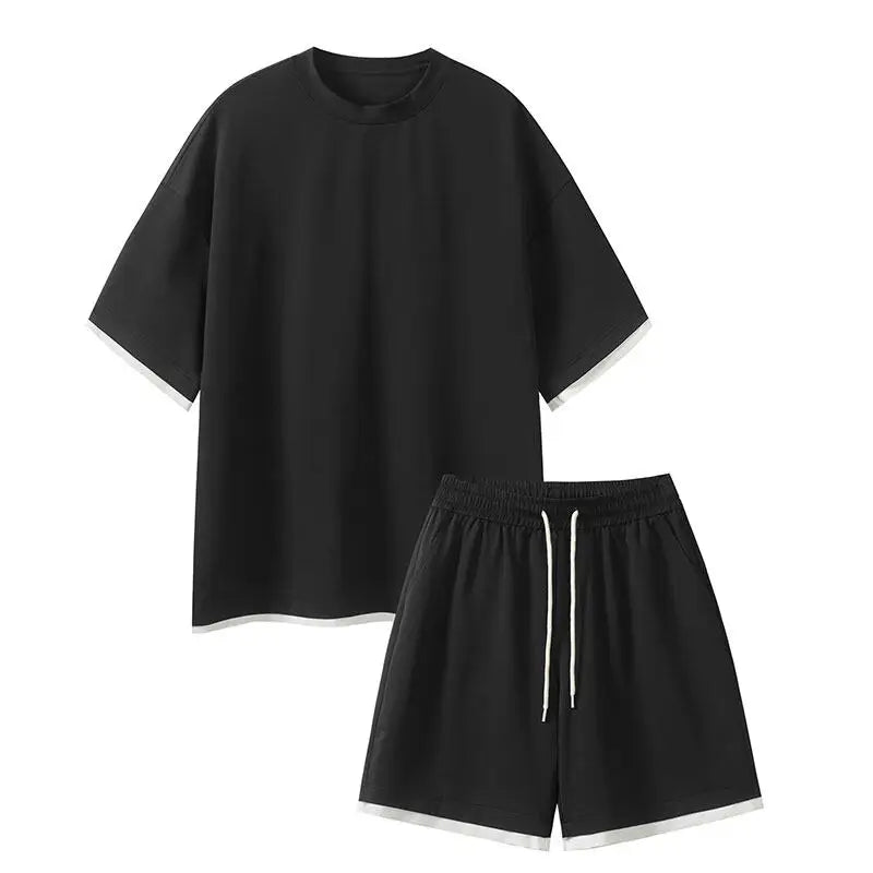 Men's Solid Color 2-Piece Outfit Short Sleeve T-Shirt & Drawstring Elastic Waist Shorts Set Casual Lounge & Streetwear Clothing