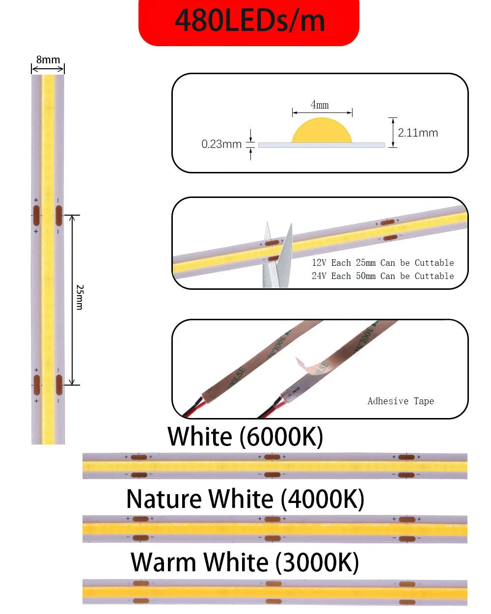 COB LED Strip Light High Density Linear Lighting 480/528Leds/m Flexible Tape Warm Natural White Red Blue Green Decor DC12/24V