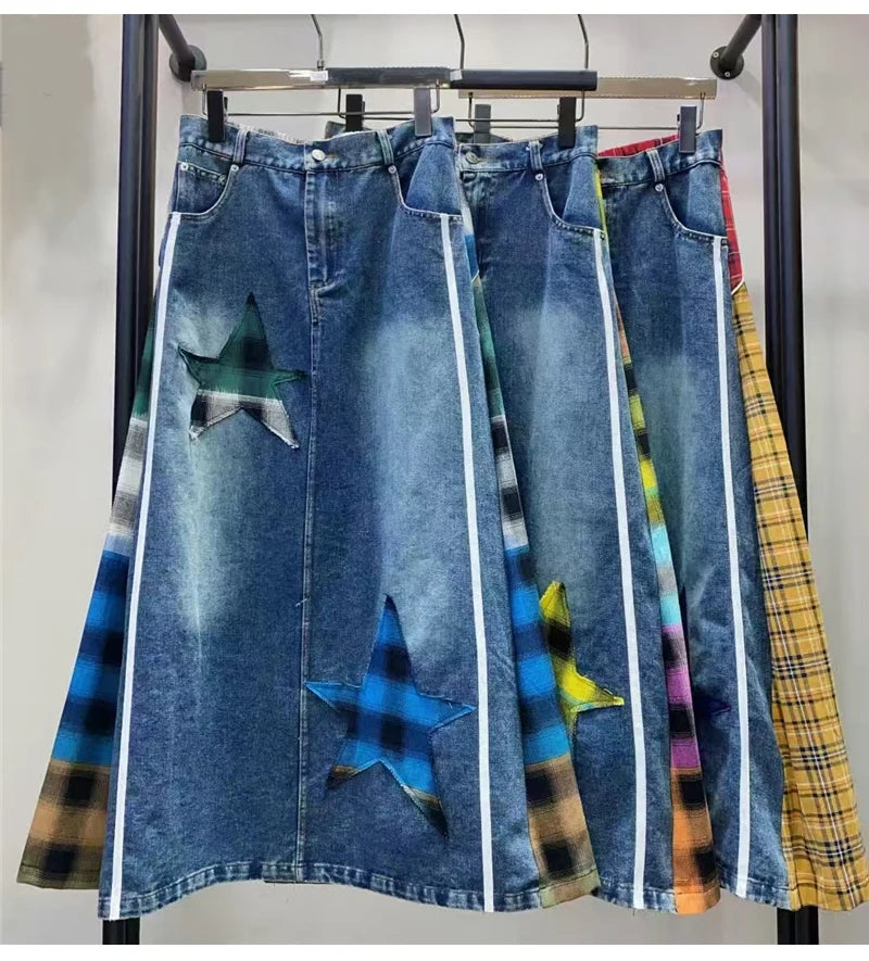 High Fashion Denim Skirt Women Elastic High Waist A-Line Long Skirt Female Colorful Patchwork Plaid Jean Skirt