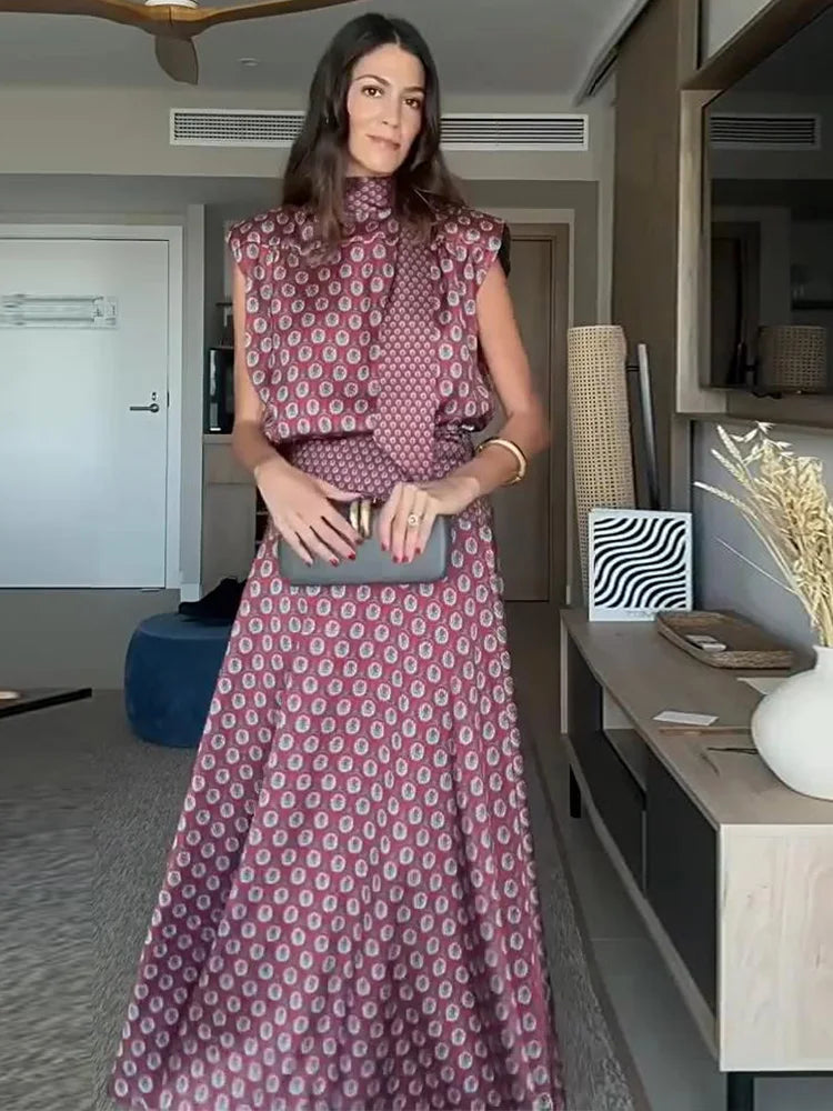 Elegant Printed Women's Vest Skirts Suit Sleeveless Top A-Line Long Skirts Lady Set 2026 Summer Autumn 2 Pieces Set Women