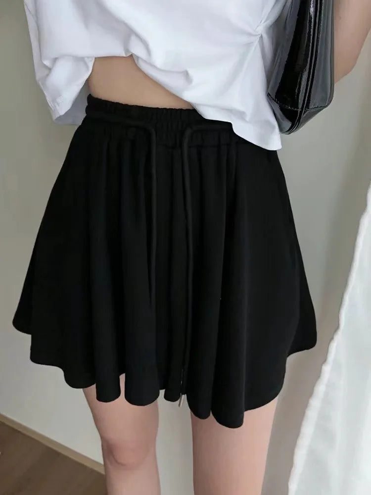 Women High Waist Drawstring Skort Solid A Line Wide Leg Casual Sports Pleated Shorts