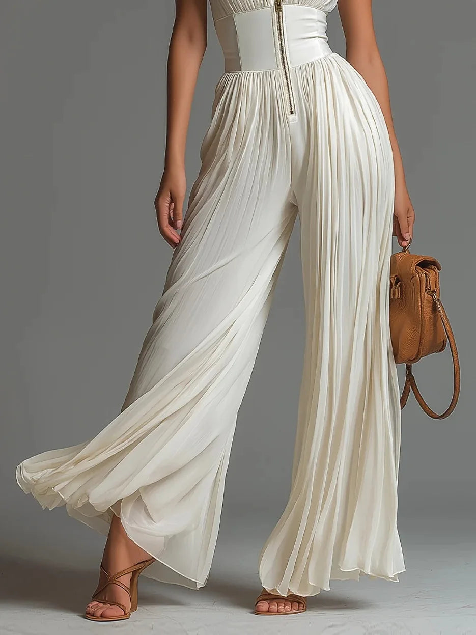 White Pleated Neck Women's Jumpsuit Long Wide Leg Fashionable Sexy Pleated