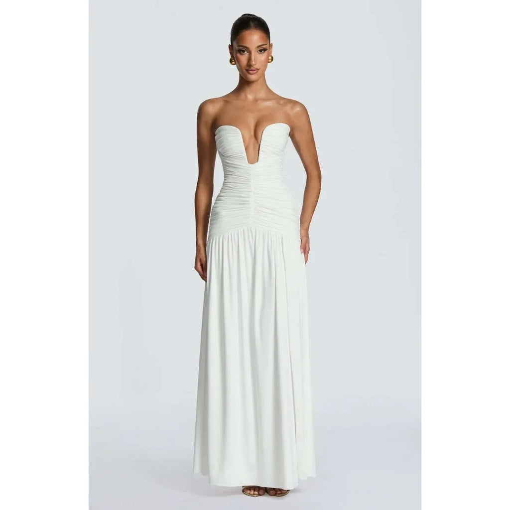 Women's Strapless Pleated High Slit Long Skirt Sexy Pure Color mid Waist Polyester Fiber V-neck Sleeveless Slim Fit Dress