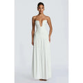 Women's Strapless Pleated High Slit Long Skirt Sexy Pure Color mid Waist Polyester Fiber V-neck Sleeveless Slim Fit Dress