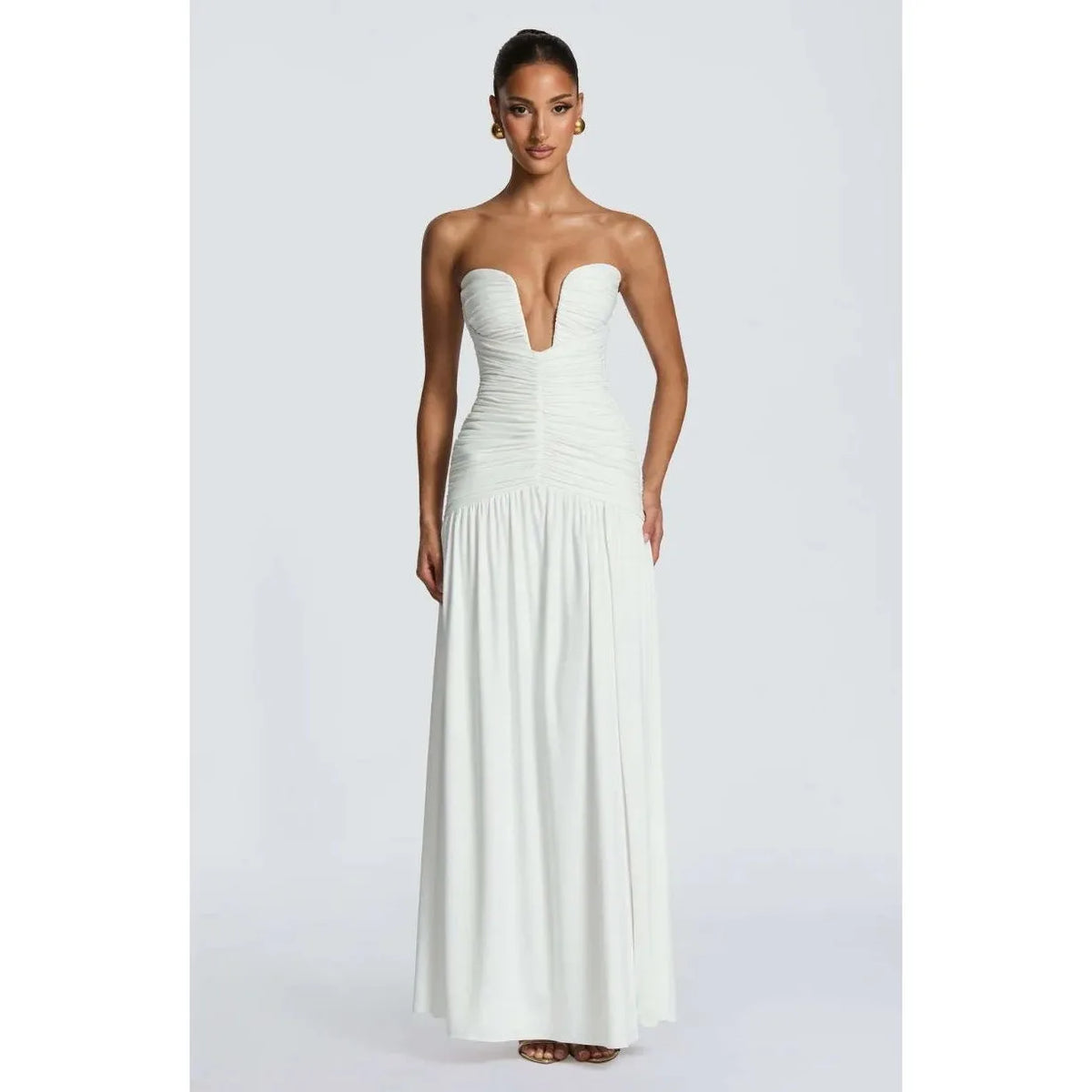 Women's Strapless Pleated High Slit Long Skirt Sexy Pure Color mid Waist Polyester Fiber V-neck Sleeveless Slim Fit Dress
