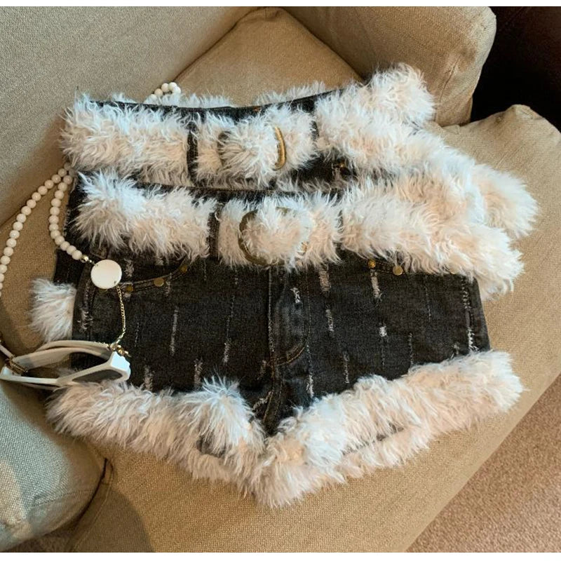 Belt Furry Denim Shorts Women 2024 New Fashion Loose Casual Pocket Sexy Shorts Denim Shorts Female Short Pants Zipper Jeans