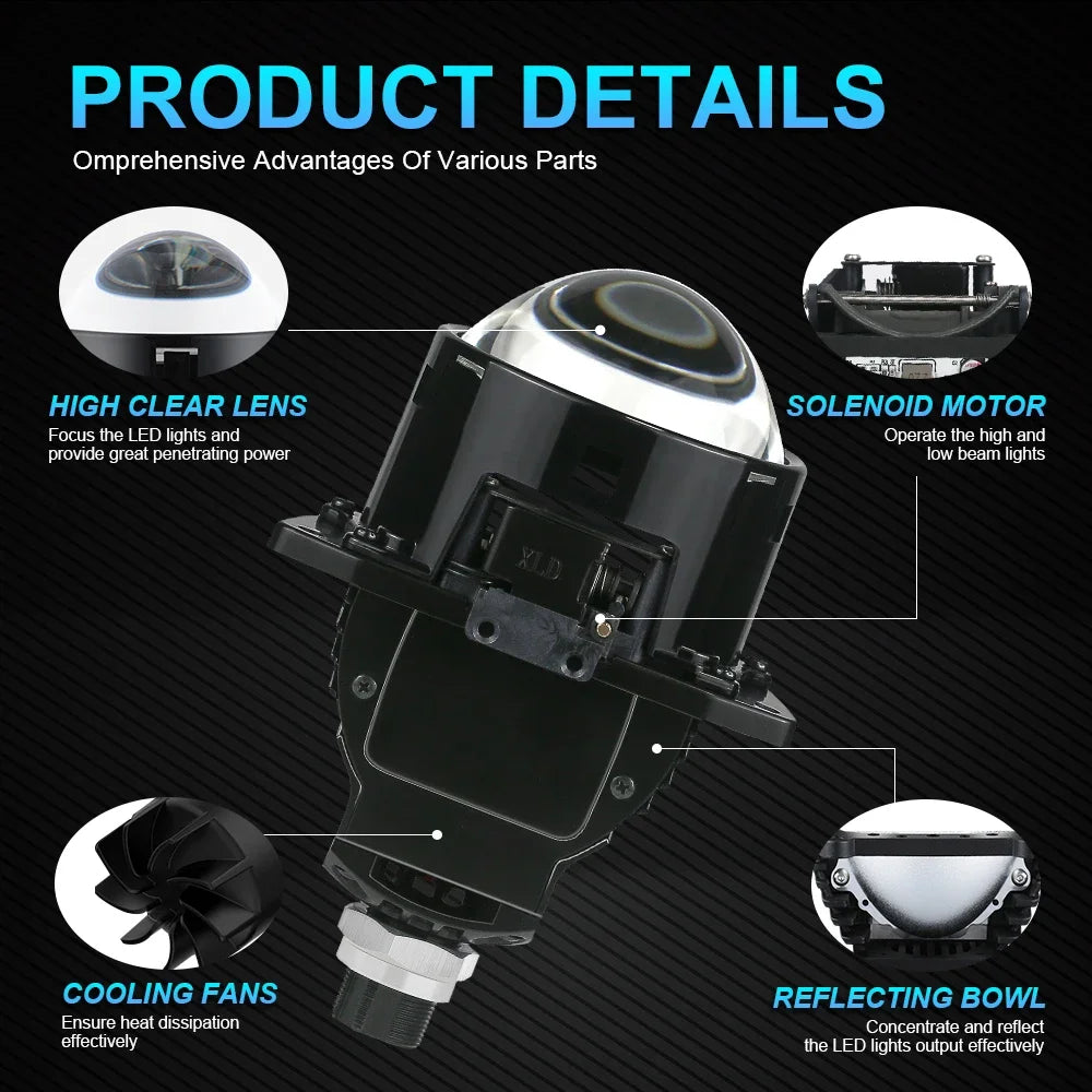 2Pcs 3.0 Inch Bi Led Projector Lenses Car Headlight 40000LM H4 H7 9005 9006 High Low Lights Universal Car Headlamp 6000K 12V
