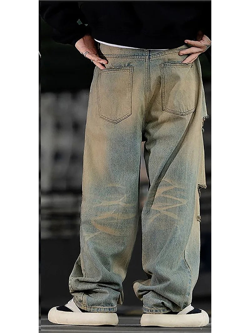Fashionable Ripped Men's Jeans High Street Vintage Washed Pure Cotton Denim Pants Loose Straight Leg Casual Daily Male Trousers