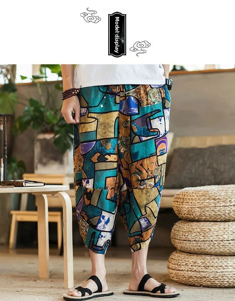 Men's Casual Cotton Linen Seven-Foot Pants Summer plus Size Lantern Loose Fit Shorts Harlan Style Comfortable Breathable Leis...