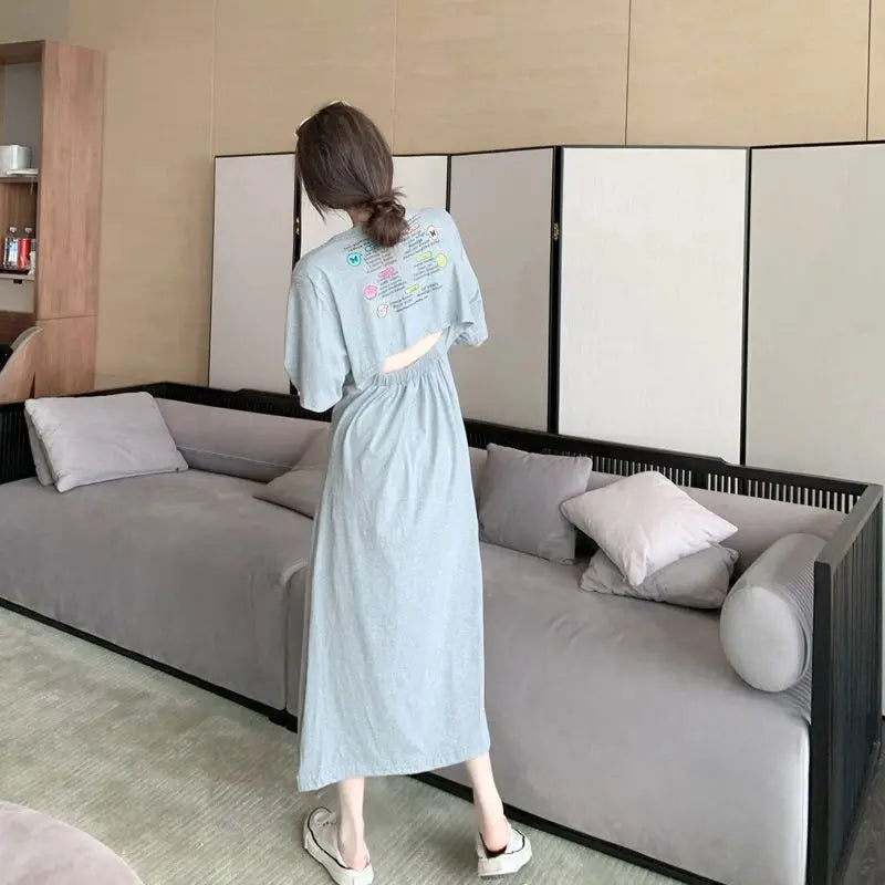 Summer Backless Split Hem Midi Dress Round Neck Short Sleeve Printing Ladies Dresses Korean Fashion Women Clothing