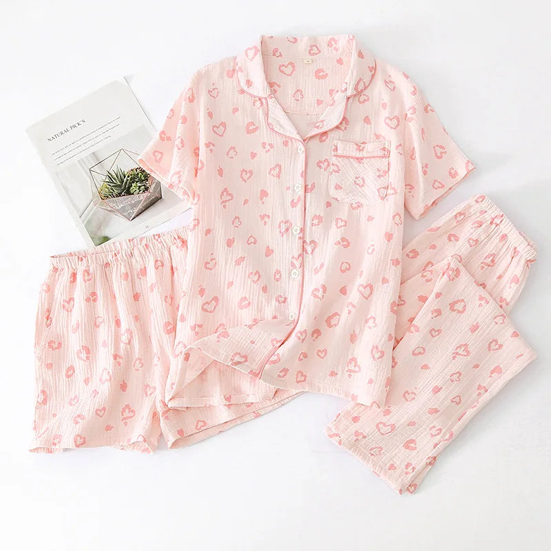 Fashion Autumn 3 Piece 100%Cotton Pajamas Set Short sleeved pants and shorts  Homewear Lapel Collar Loungewear Pijamas