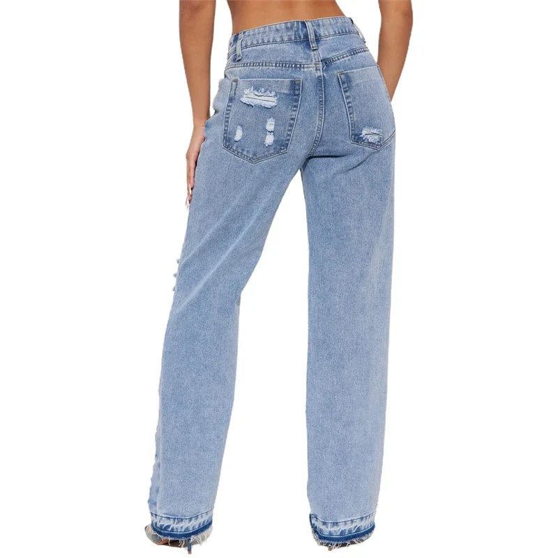 Fashion Ripped Jeans Summer Clothes Women 2024 High Waist Broken Holes Denim Trousers Streetwear Cutout Straight Leg Jean Pants